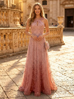 Tulle A Line Halter Long Evening Dresses with Lace