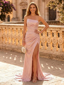 Sequin Mermaid Strapless Long Evening Dresses with Slit