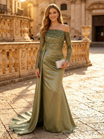 Satin Mermaid Long Sleeves Long Evening Dresses with Train