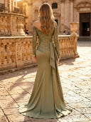 Satin Mermaid Long Sleeves Long Evening Dresses with Train