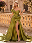 Satin A line One Shoulder Long Evening Dresses with Slit