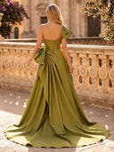 Satin A line One Shoulder Long Evening Dresses with Slit