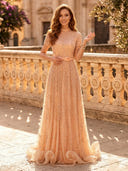 Tulle A Line Short Sleeves Long Evening Dresses with Lace