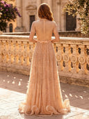 Tulle A Line Short Sleeves Long Evening Dresses with Lace