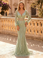 Sequin Mermaid V Neck Long Sleeves Long Evening Dresses