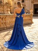 Satin Mermaid One Shoulder Long Evening Dresses with Slit