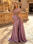 Satin Mermaid One Shoulder Long Evening Dresses with Slit