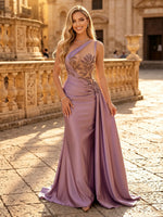 Satin Mermaid One Shoulder Long Evening Dresses with Slit