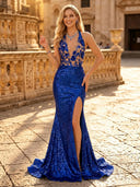 Glitter Sequin Mermaid Halter Long Evening Dresses with Slit