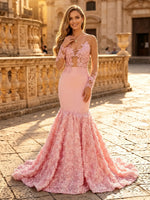 Satin Mermaid V Neck Long Sleeves Long Evening Dresses with Flowers