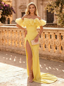 Glitter Sequin Mermaid Off Shoulder Long Evening Dresses with Slit