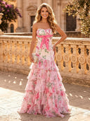 Floral Print Mermaid Strapless Long Evening Dresses with Tiered