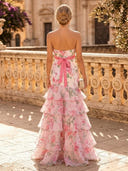 Floral Print Mermaid Strapless Long Evening Dresses with Tiered