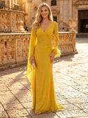 Glitter Sequin Mermaid V Neck Long Sleeves Long Evening Dresses with Feather