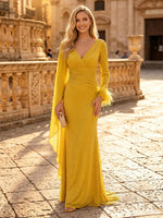 Glitter Sequin Mermaid V Neck Long Sleeves Long Evening Dresses with Feather