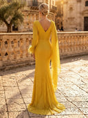 Glitter Sequin Mermaid V Neck Long Sleeves Long Evening Dresses with Feather