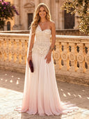 Chiffon A Line One Shoulder Long Evening Dresses with Pearl