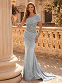 Satin Mermaid One Shoulder Long Evening Dresses with Sequin