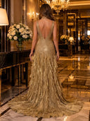 Satin Sheath V Neck Rhinestone Long Evening Dresses with Slit