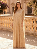Sequin A Line Boat Neck 3/4 Sleeves Long Evening Dresses