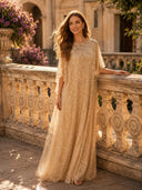 Sequin A Line Boat Neck 3/4 Sleeves Long Evening Dresses