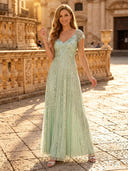 Sequin A Line V Neck Short Sleeves Long Evening Dresses