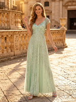 Sequin A Line V Neck Short Sleeves Long Evening Dresses