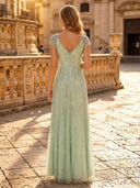 Sequin A Line V Neck Short Sleeves Long Evening Dresses