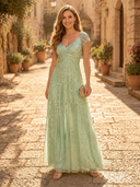 Sequin A Line V Neck Short Sleeves Long Evening Dresses