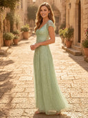 Sequin A Line V Neck Short Sleeves Long Evening Dresses