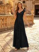 Sequin A Line V Neck Short Sleeves Long Evening Dresses