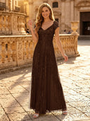 Sequin A Line V Neck Short Sleeves Long Evening Dresses