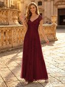 Sequin A Line V Neck Short Sleeves Long Evening Dresses