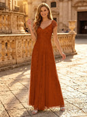 Sequin A Line V Neck Short Sleeves Long Evening Dresses