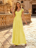Sequin A Line V Neck Short Sleeves Long Evening Dresses