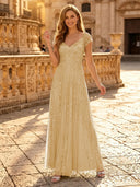 Sequin A Line V Neck Short Sleeves Long Evening Dresses