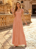 Sequin A Line V Neck Short Sleeves Long Evening Dresses
