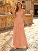 Sequin A Line V Neck Short Sleeves Long Evening Dresses