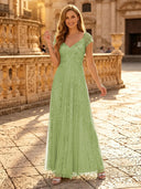 Sequin A Line V Neck Short Sleeves Long Evening Dresses