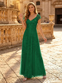 Sequin A Line V Neck Short Sleeves Long Evening Dresses