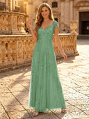 Sequin A Line V Neck Short Sleeves Long Evening Dresses
