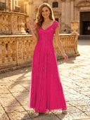 Sequin A Line V Neck Short Sleeves Long Evening Dresses