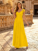 Sequin A Line V Neck Short Sleeves Long Evening Dresses