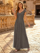 Sequin A Line V Neck Short Sleeves Long Evening Dresses