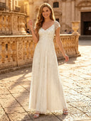 Sequin A Line V Neck Short Sleeves Long Evening Dresses