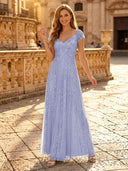 Sequin A Line V Neck Short Sleeves Long Evening Dresses