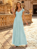 Sequin A Line V Neck Short Sleeves Long Evening Dresses