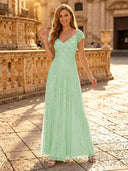 Sequin A Line V Neck Short Sleeves Long Evening Dresses