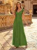 Sequin A Line V Neck Short Sleeves Long Evening Dresses