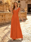 Sequin A Line V Neck Short Sleeves Long Evening Dresses